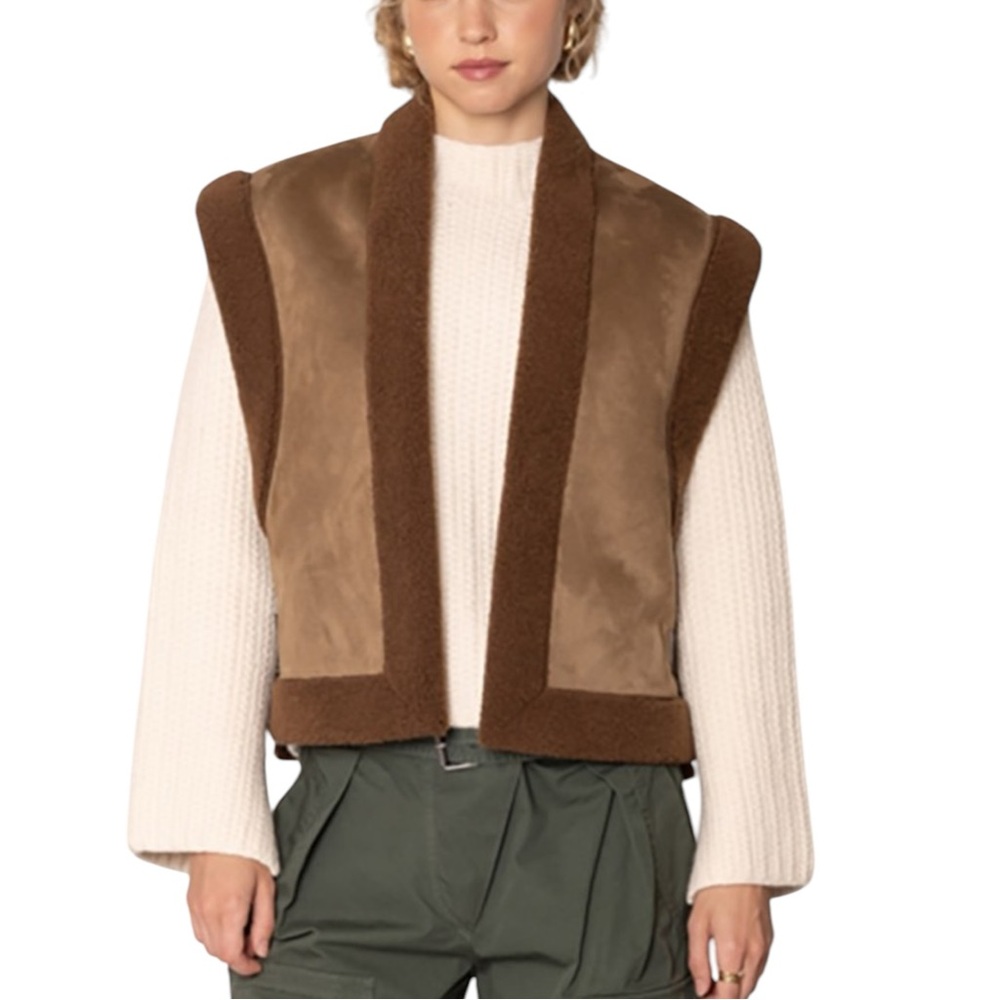 Coffee Faux Suede Teddy Trim Open Front Vest NWT